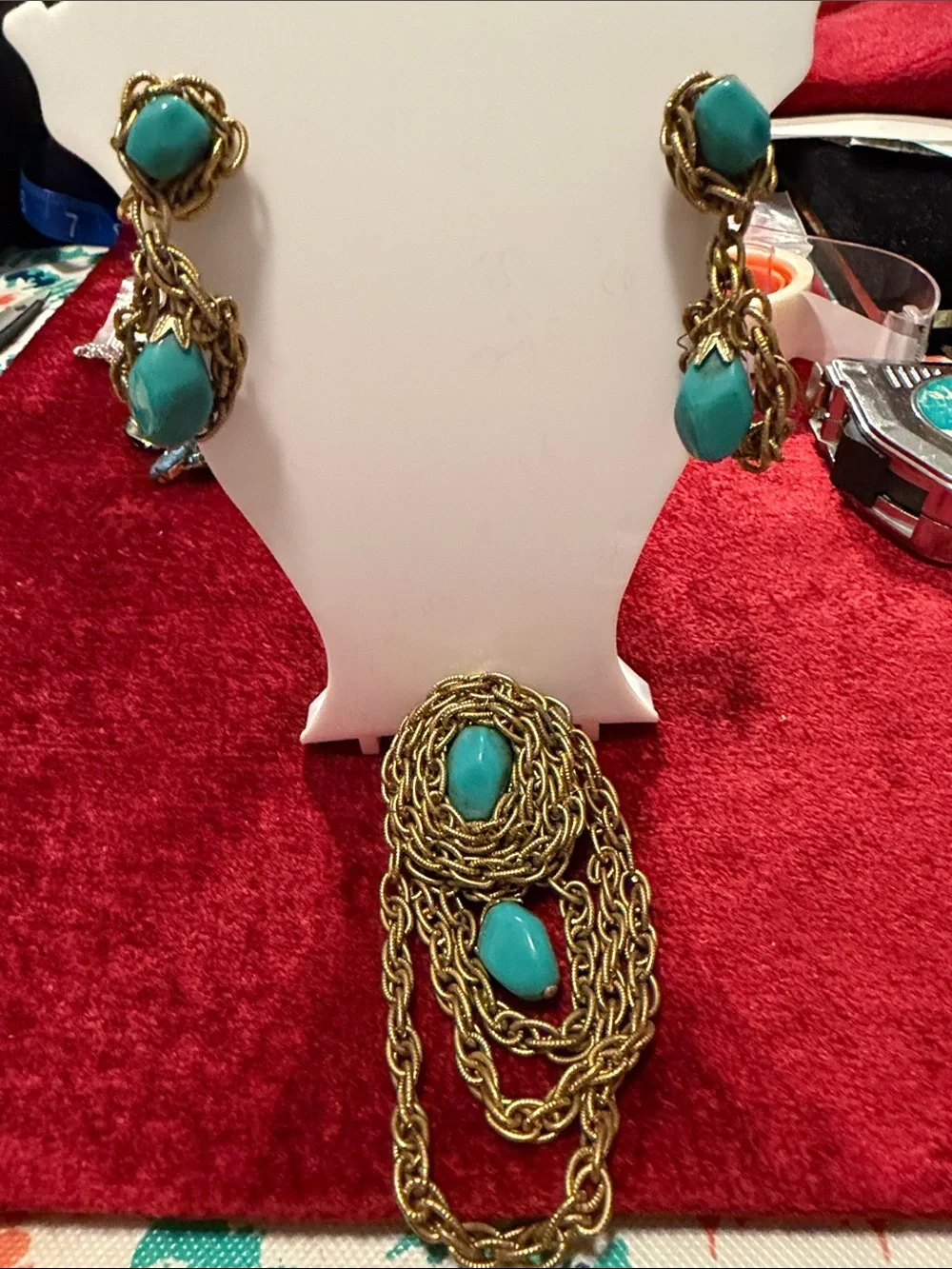 Vintage Gold Chain and Turquoise Glass Stone brooch with Matching clip  Earrings